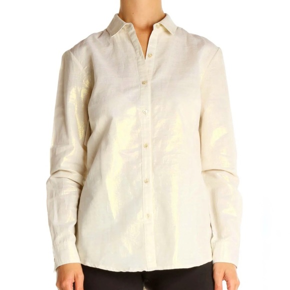 J. McLaughlin Button Up Cream w/ Gold Metallic Long Sleeve Collared Shirt Sz XL - Picture 1 of 16